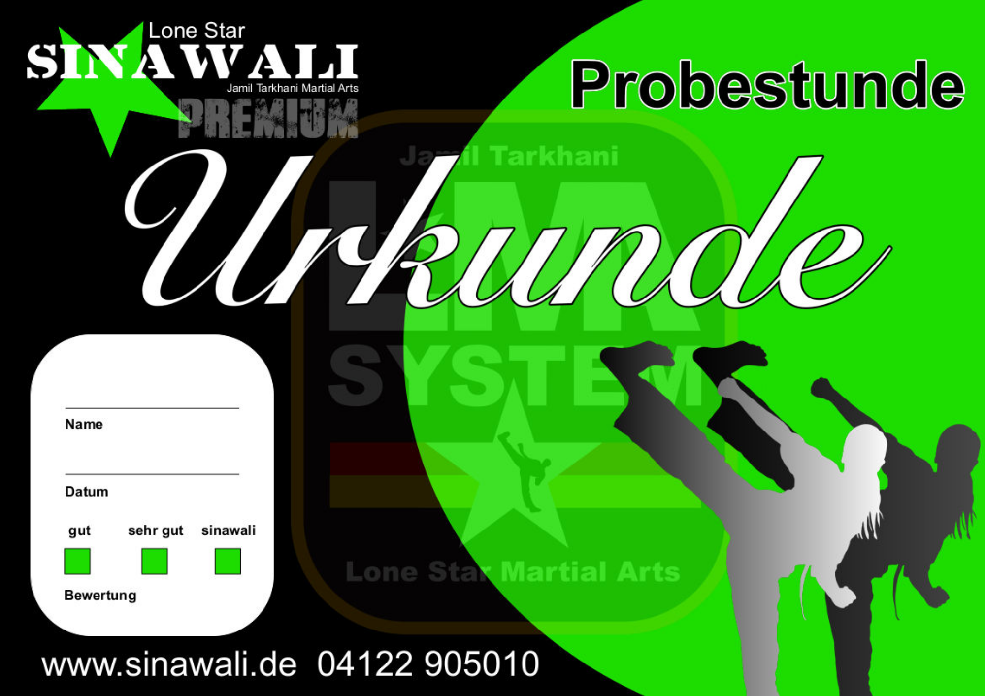 Kontakt  Probetraining in der Privatsportschule Sinawali - mit Urkunde